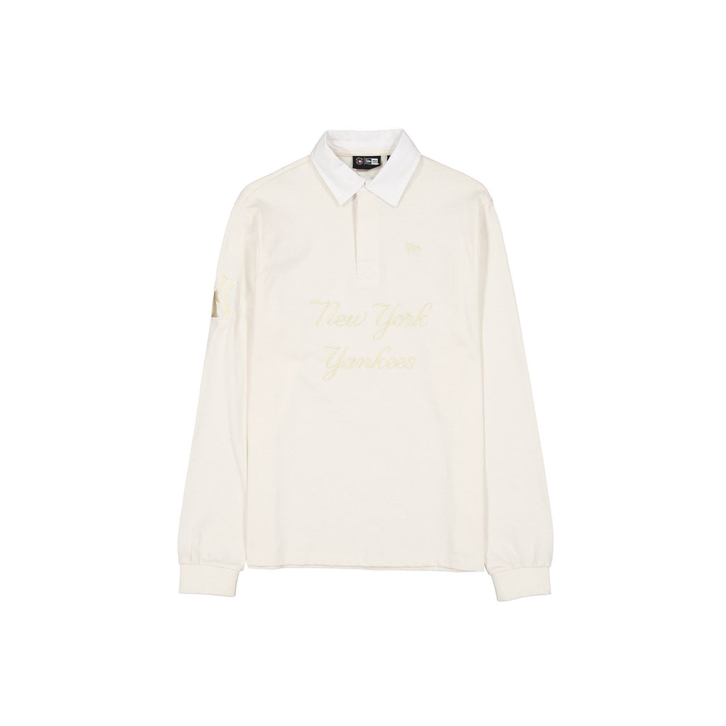 New York Yankees Off White Script Long Sleeve Rugby Shirt
